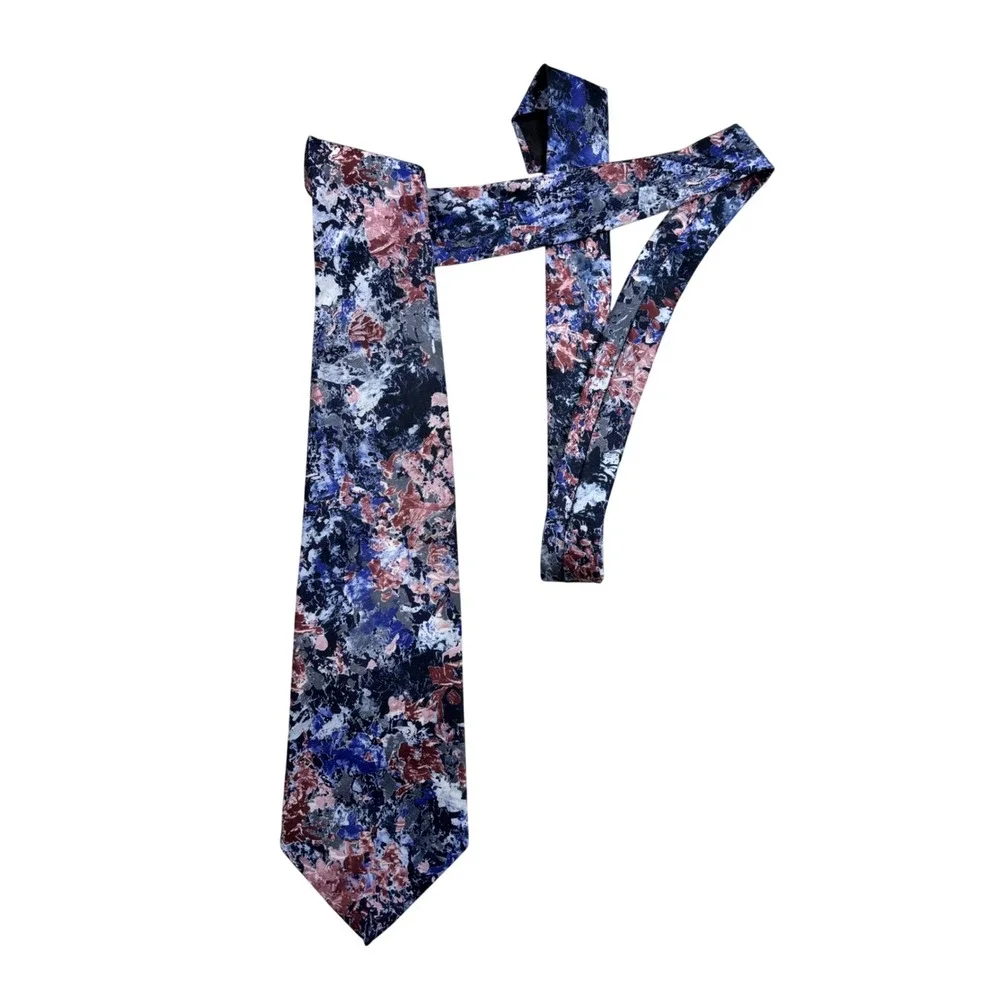 Wroxton Mens Abstract Floral Silk Blend Necktie Navy Blue Burgundy Made in USA